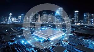 A close-up of a high-tech circuit board with a central chip illuminated by glowing blue lights