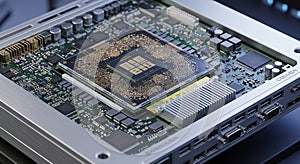 Close-up of a High-Tech Computer Motherboard with Central Processing Unit and Silver Casing