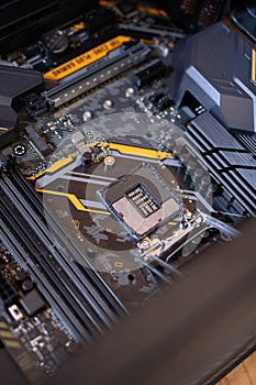 Close-up of a high-tech computer motherboard.