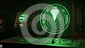 Advanced Sci-Fi Control Room Interface with Green Radar Display