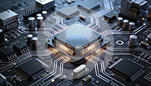 High tech cpu close up on circuit board for advanced computing artificial intelligence and modern electronic hardware innovation
