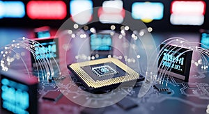 Futuristic CPU and Digital Data Flow on Circuit Board