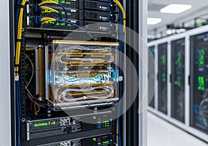 A close-up of a high-tech server rack in a data center. The image