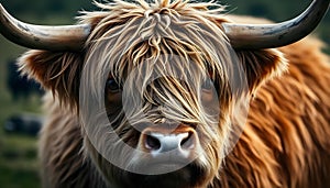 Close-up of a Highland cow featuring luxurious fur and long horns in a picturesque setting photo