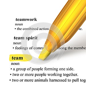 Close up of highlighter pen and word Team