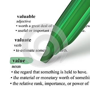 Close up of highlighter pen and word Value