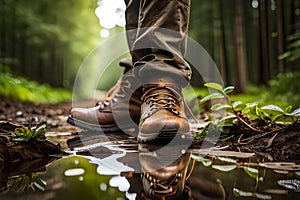 A close-up of hiking boots covered in mud and leaves, as they trudge through a dense forest trail
