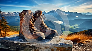 Close up hiking boots on mountain trail adventure traveler trekking in nature landscape panorama