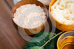 Close up of himalayan pink salt and body scrub