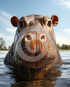 a close up of a hippopotamus in the water. generative ai