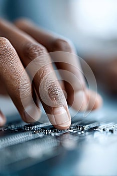 Close-up of Hispanic female cybernetician programming AI software with precision in a modern workspace
