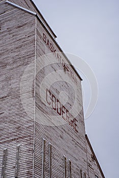 Close up of historic grain elevator in Coderre, Saskatchewan, Canada