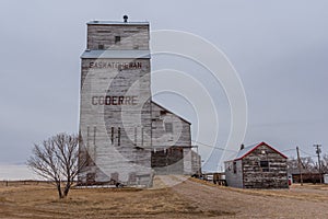 Close up of historic grain elevator in Coderre, Saskatchewan, Canada