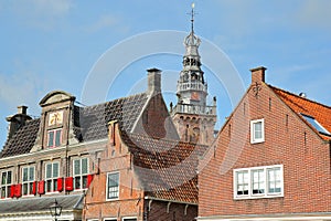 Close-up on historic house facades in Monnickendam, North Holland, Netherlands,