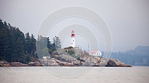 A close up of the Historic Lighthouse at Lighthouse Point Park in West Vancouver off Point Atkinson