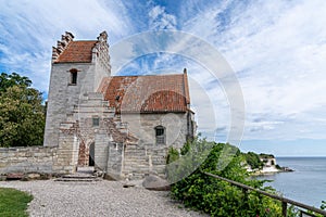 Close up of the historic and partially destroyed church at Hojerup high up on the cliffs of Stevns Klint