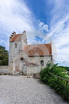 Close up of the historic and partially destroyed church at Hojerup high up on the cliffs of Stevns Klint