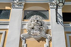 Close up historical building facade with architectural decorations in Lisbon