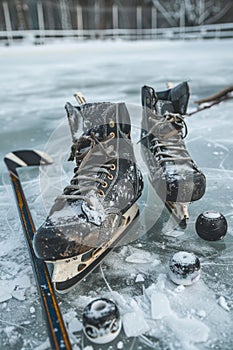 Close-up of a hockey player's skates and a stick on ice