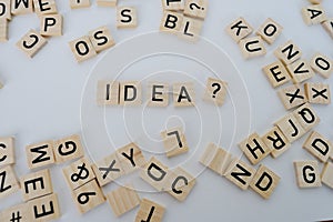 close-up holds square wooden alphabet blocks, IDEA word on white background, concept of innovative idea contains creative meaning