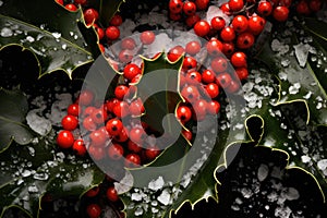 close-up of holly leaves and berries in snow