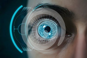 Close up holographic eye, futuristic vision scan technology