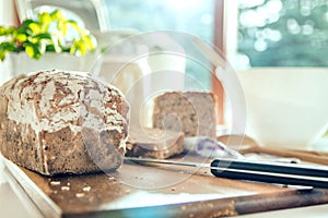 Close-up of home baked bread on modern kitchen countertop