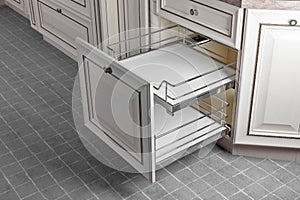 Close Up home interior. Kitchen - opened door with chrome furniture shelf. Wood and Chrome Material, Modern Design