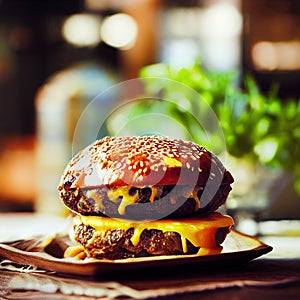 Close-up home made beef burger on wooden table