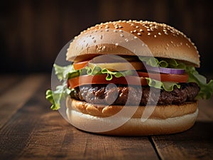 Close-up home made beef burger on wooden table