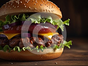 Close-up home made beef burger on wooden table