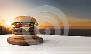 Close-up of home made tasty burger on wooden table.Ai generated