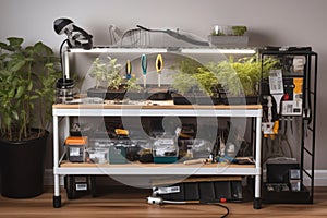 close-up of a homegrow setup with all the different tools and equipment visible photo