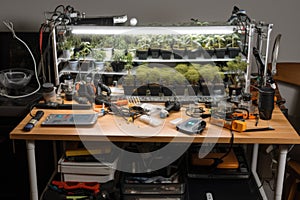 close-up of a homegrow setup with all the different tools and equipment visible photo
