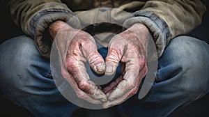 close-up of homeless man holding hands to get help.