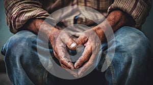 close-up of homeless man holding hands to get help.