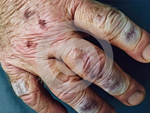 A close up of a homeless persons hands bruised and worn from living on the streets.. AI generation