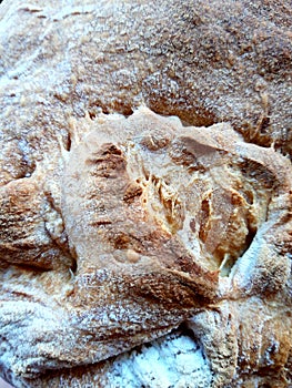 Close-up of homemade bread crust.  Air bubbles from leavening are evident