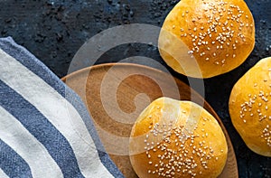 Close up of homemade burger buns, fresh baked