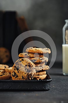 Close up Homemade chocolate cookies baking tray milk