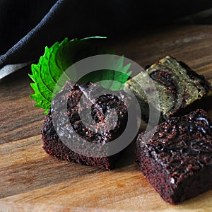 Close up Homemade Fudge Brownie on Wooden Board