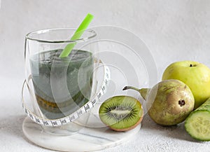 Close up of homemade green smoothie, fresh  healthy organic food on white background