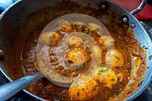 Close-up of homemade North Indianstyle egg curry gravy. Authentic cuisine, India photo