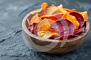 Close-up of homemade vegetable chips in a wooden bowl on a dark textured background, a healthy snack alternative