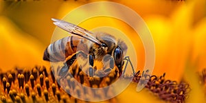 Close-up of a honey bee on a vibrant sunflower, symbolizing pollination and springtime in nature. nature photography. AI