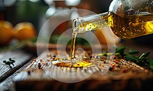 Close-up of honey pouring from bottle into bowl with warm bokeh lights. Generate AI