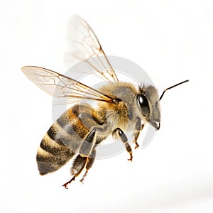 Honeybee in flight isolated on white background photo