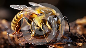 Close-Up of Honeybee Foraging on Tree Sap