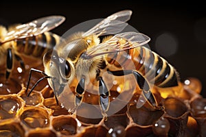 Close-Up of Honeybee on Honeycomb: Detail, Insect, and Nature Photography.