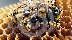 Close up of honeybee on honeycomb showcasing intricate wing detail. Image highlights beauty of pollination in nature